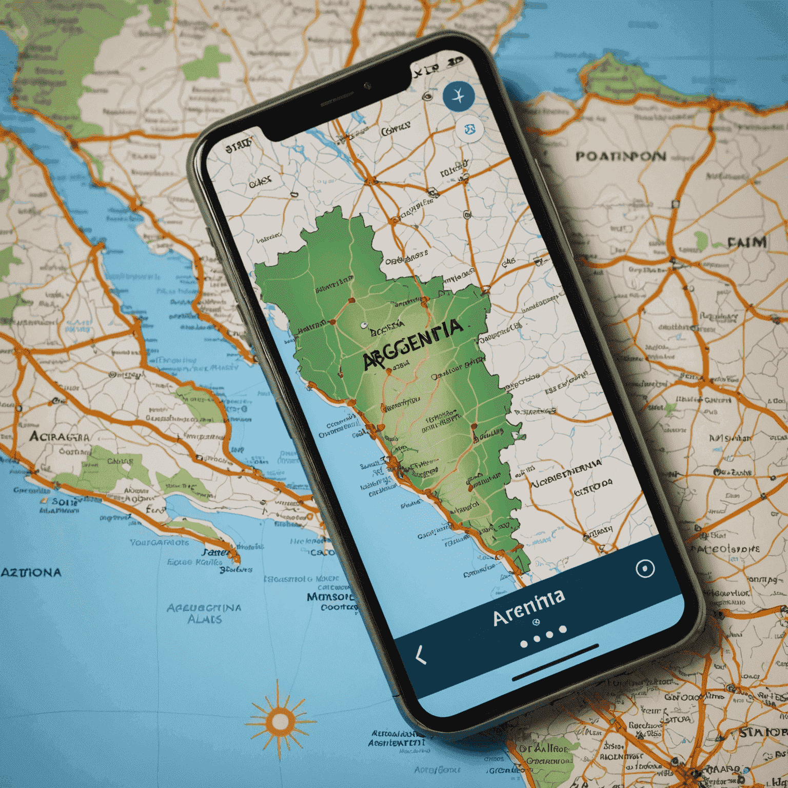 Imagen de un teléfono móvil con un mapa de Argentina en la pantalla, representando planes móviles para viajeros en Argentina