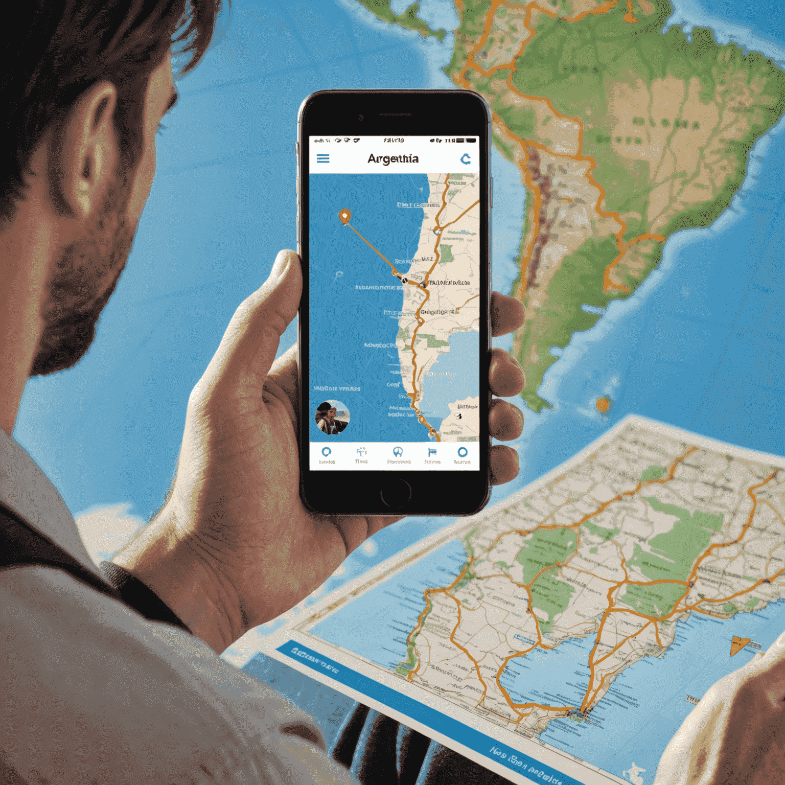 Imagen ilustrativa de una persona usando un teléfono móvil mientras viaja, con un mapa de Argentina de fondo