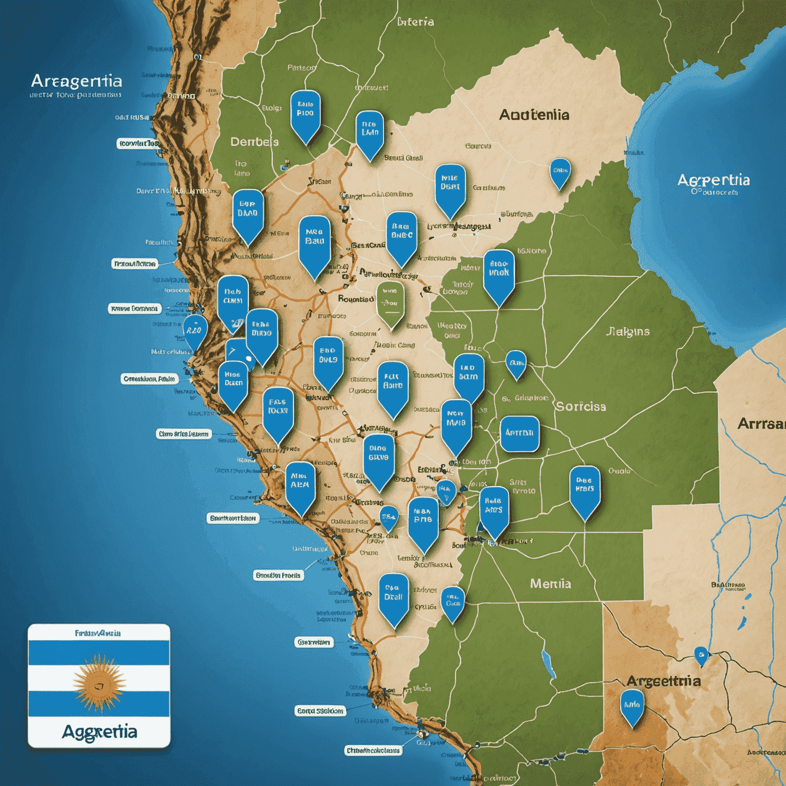 Mapa de Argentina con ubicaciones de proveedores de tarjetas SIM