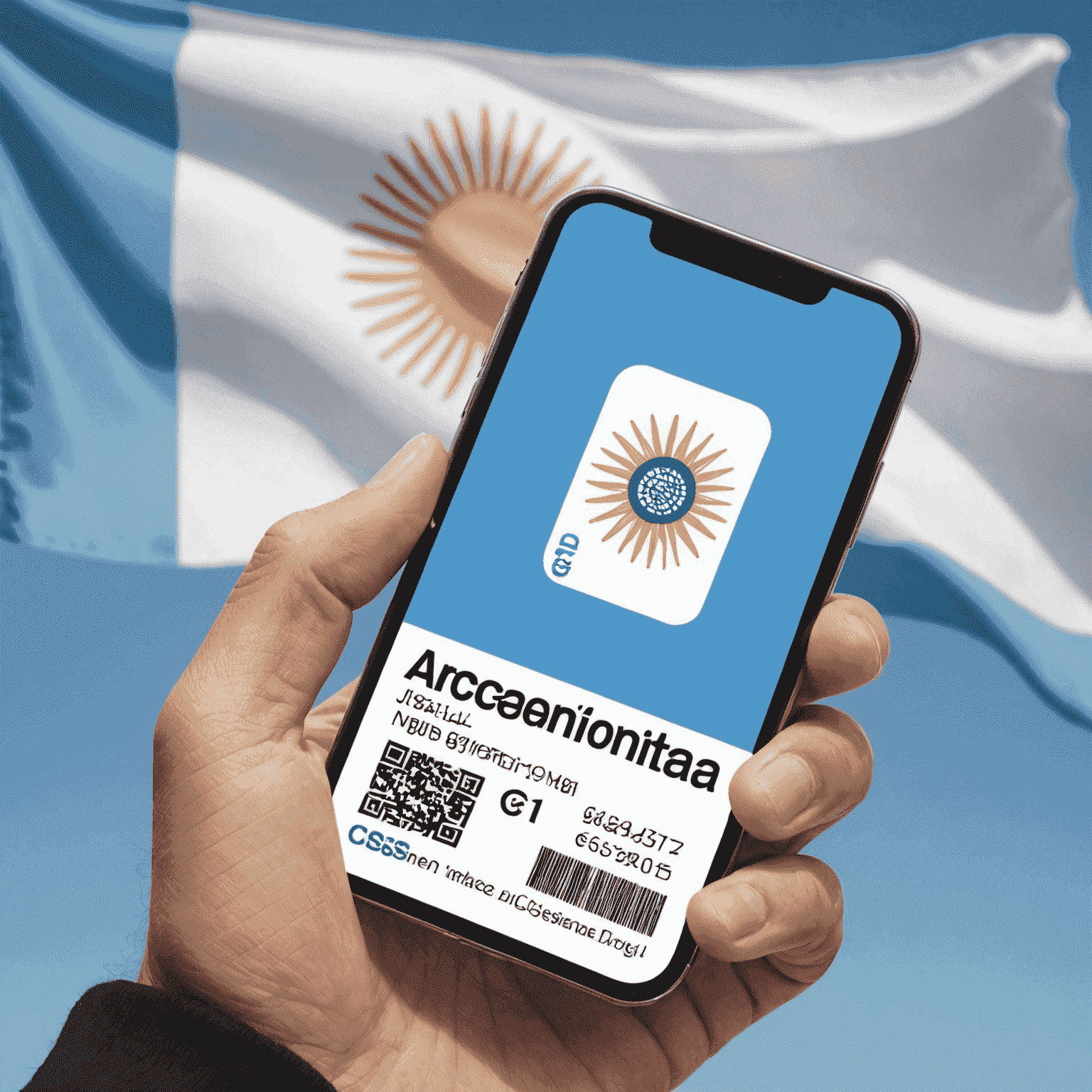 Imagen de una mano sosteniendo una tarjeta SIM argentina, con un fondo de la bandera argentina y documentos requeridos