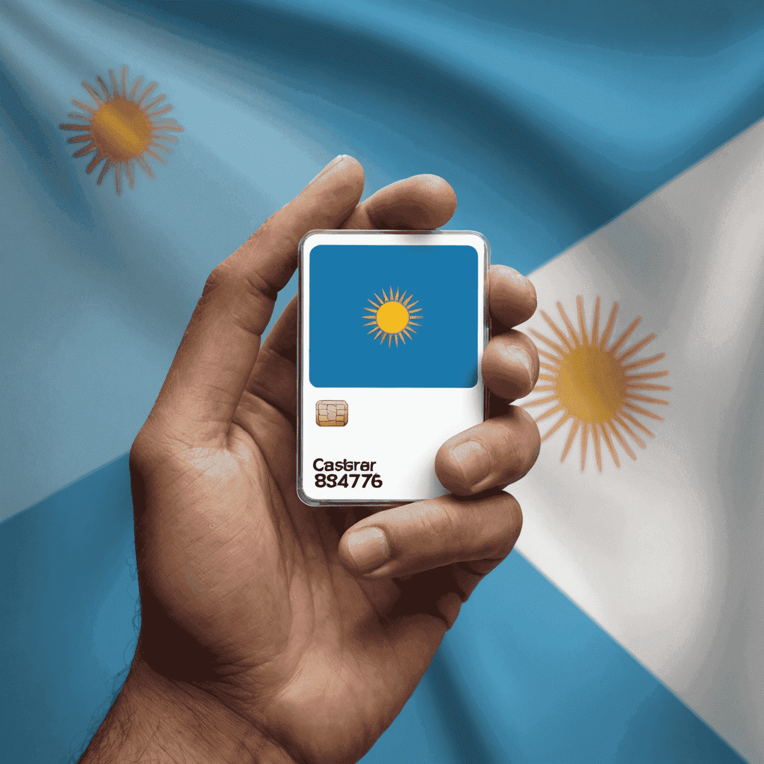 Primer plano de una mano sosteniendo una tarjeta SIM con la bandera argentina de fondo